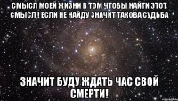 Смысл моей жизни в том чтобы найти этот смысл ! если не найду значит такова судьба Значит буду ждать час свой смерти!