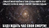 Смысл моей жизни в том чтобы найти этот смысл ! если не найду значит такова судьба Буду ждать час свой смерти!