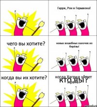 кто вы? Гарри, Рон и Гермиона! чего вы хотите? новых вошебных палочек из берёзы! когда вы их хотите? когда Хагрид уйдет жрать!