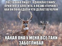 Постоянно пишет "однокласснику" приятного аппетита, а позже уточняет как он пообедал и что делает вечером Какая она у меня все таки заботливая