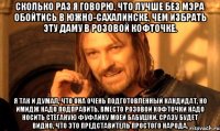 СКОЛЬКО РАЗ Я ГОВОРЮ, ЧТО ЛУЧШЕ БЕЗ МЭРА ОБОЙТИСЬ В ЮЖНО-САХАЛИНСКЕ, ЧЕМ ИЗБРАТЬ ЭТУ ДАМУ В РОЗОВОЙ КОФТОЧКЕ. Я ТАК И ДУМАЛ, ЧТО ОНА ОЧЕНЬ ПОДГОТОВЛЕННЫЙ КАНДИДАТ, НО ИМИДЖ НАДО ПОДПРАВИТЬ. ВМЕСТО РОЗОВОЙ КОФТОЧКИ НАДО НОСИТЬ СТЁГАНУЮ ФУФАЙКУ МОЕЙ БАБУШКИ. СРАЗУ БУДЕТ ВИДНО, ЧТО ЭТО ПРЕДСТАВИТЕЛЬ ПРОСТОГО НАРОДА.