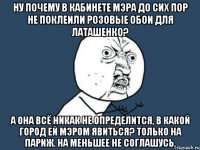 Ну почему в кабинете мэра до сих пор не поклеили розовые обои для Латашенко? А она всё никак не определится, в какой город ей мэром явиться? Только на Париж. На меньшее не соглашусь.