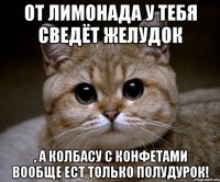 от лимонада у тебя сведёт желудок , а колбасу с конфетами вообще ест только полудурок!