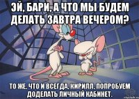 Эй, Бари, а что мы будем делать завтра вечером? То же, что и всегда, Кирилл, попробуем доделать личный кабинет.