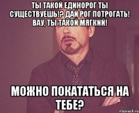 Ты такой единорог Ты существуешь!? Дай рог потрогать! Вау, ты такой мягкий! Можно покататься на тебе?