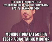 Ты такой единорог! Ты существуешь!? Дай рог потрогать! Вау, ты такой мягкий! Можно покататься на тебе? А вас таких много?