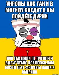 Укропы вас так и в могилу сведут а вы пойдёте дурни Как так жили не тужили и вдруг стало всё плохо.вам мозги ебут фюреры ваши и америка