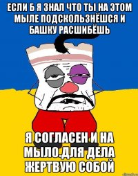 Если б я знал что ты на этом мыле подскользнёшся и башку расшибёшь Я согласен и на мыло.для дела жертвую собой