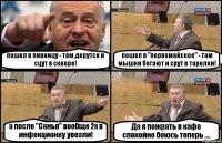 пошел в пивницу - там дерутся и сцут в сквере! пошел в "первомайское" - там мышки бегают и срут в тарелки! а после "Санья" вообще 2х в инфекционку увезли! Да я пожрать в кафе спокойно боюсь теперь ....