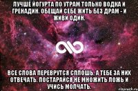 лучше йогурта по утрам только водка и гренадин. обещай себе жить без драм - и живи один. все слова переврутся сплошь, а тебе за них отвечать. постарайся не множить ложь и учись молчать.