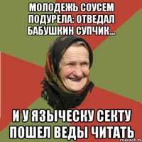 молодежь соусем подурела: отВЕДАЛ бабушкин супчик... и у языческу секту пошел веды читать