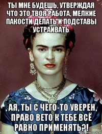 ты мне будешь, утверждая что это твоя работа, мелкие пакости делать и подставы устраивать , ая, ты с чего-то уверен, право вето к тебе всё равно применять?!