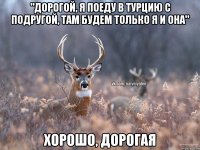 "дорогой, я поеду в Турцию с подругой, там будем только я и она" Хорошо, дорогая