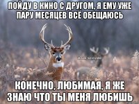 Пойду в кино с другом, я ему уже пару месяцев всё обещаюсь Конечно, любимая, я же знаю что ты меня любишь