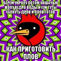 берём укропу потом кошачью жопу ведро воды и хуй туты хапнуть дров и плов готов как приготовить плов