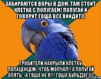 Забираются воры в дом. Там стоит клетка с попугаем! Попугай и говорит:Гоша все виидит)) Гробители накрыли клетку полаценцем- чтоб молчал!! А попугай опять: -А Гоша не я!!! Гоша бульдог)))