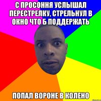 С просоння услышал перестрелку, стрельнул в окно что б поддержать попал вороне в колено