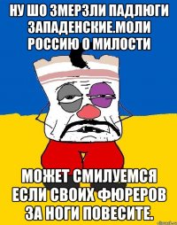 Ну шо змерзли падлюги западенские.моли россию о милости Может смилуемся если своих фюреров за ноги повесите.