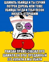 Шамиль убийца и ты сучий потрох дурень или тоже убийца.тогда и тебя песок нюхать отправим Рамзан прямо сказал про шамиля он враг продажный его купили а мы убили