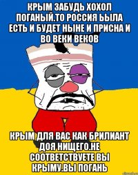 Крым забудь хохол поганый.то россия ьыла есть и будет ныне и присна и во веки веков Крым для вас как брилиант доя нищего.не соответствуете вы крыму.вы погань