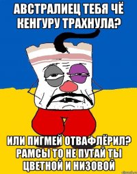 Австралиец тебя чё кенгуру трахнула? Или пигмей отвафлёрил? Рамсы то не путай ты цветной и низовой