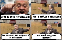 этот на встречу опоздал этот вообще не пришел эти не знают, что за проекты выкатывают ну а я что? я под стол спрятался