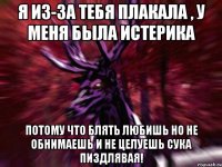 Я из-за тебя плакала , у меня была истерика Потому что блять любишь но не обнимаешь и не целуешь сука пиздлявая!