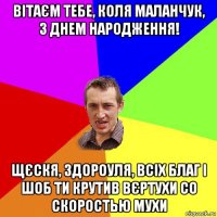 вітаєм тебе, коля маланчук, з днем народження! щєскя, здороуля, всіх благ і шоб ти крутив вєртухи со скоростью мухи