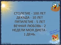 Столетие - 100 лет Декада - 10 лет Пятилетие - 5 лет Вечная любовь - 2 недели Моя диета - 1 день.