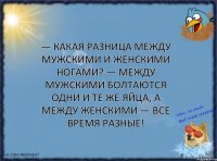 — Какая разница между мужскими и женскими ногами? — Между мужскими болтаются одни и те же яйца, а между женскими — все время разные!