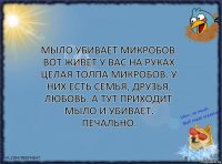 Мыло убивает микробов. Вот живет у вас на руках целая толпа микробов. У них есть семья, друзья, любовь. А тут приходит мыло и убивает. Печально.