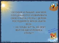 Сегодня услышал, как моя соседка долго уговаривала своего кота слезть с дерева.
Последняя её фраза убила всех:
— Ну тогда, бл*ть, не ори! Вей гнездо и ложись спать!!!