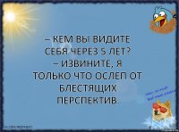 – Кем вы видите себя через 5 лет?
– Извините, я только что ослеп от блестящих перспектив.