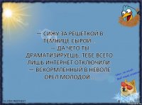 — Сижу за решеткой в темнице сырой...
— Да чего ты драматизируешь, тебе всего лишь интернет отключили.
— Вскормленный в неволе орел молодой...