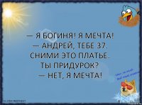 — Я богиня! Я мечта!
— Андрей, тебе 37. Сними это платье. Ты придурок?
— Нет, я мечта!