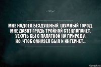 Мне надоел бездушный, шумный город.
Мне давит грудь тройной стеклопакет.
Уехать бы с палаткой на природу,
Но, чтоб САНУЗЕЛ был и ИНТЕРНЕТ...