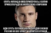 опять нуланд в киев припёрлась.а булки привезла?ьда не жопу свою а пирожки иди срать поганая баба.и передай снежку россия на вас блюёт и целится сатаной