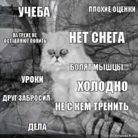 Учеба холодно нет снега дела уроки плохие оценки не с кем тренить на трене не оставляют попить друг забросил Болят мышцы