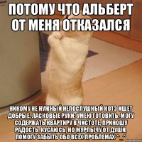 Потому что Альберт от меня отказался НИКОМУ не нужный НЕПОСЛУШНЫЙ котэ ищет добрые, ласковые руки: Умею готовить, могу содержать квартиру в чистоте, приношу радость, КУСАЮСЬ, но мурлычу от души, помогу забыть обо всех проблемах ^_^