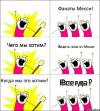 Кто мы? Фанаты Месси! Чего мы хотим? Видеть голы от Месси Когда мы это хотим? Всегда!