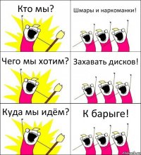 Кто мы? Шмары и наркоманки! Чего мы хотим? Захавать дисков! Куда мы идём? К барыге!