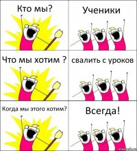 Кто мы? Ученики Что мы хотим ? свалить с уроков Когда мы этого хотим? Всегда!