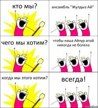 кто мы? ансамбль "Жулдыз Ай" чего мы хотим? чтобы наша Айнур апай никогда не болела когда мы этого хотим? всегда!