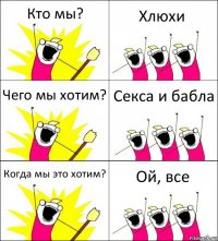 Кто мы? Хлюхи Чего мы хотим? Секса и бабла Когда мы это хотим? Ой, все