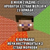 в моём сундуке 12 кроватей,3 стака железа и 23 алмаза в карманах мечи,инструменты и 3 стака моркови