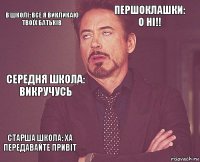 в школі: все я викликаю твоїх батьків першоклашки: о ні!! середня школа: викручусь старша школа: ха передавайте привіт      