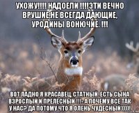 ухожу!!!! надоели !!!!эти вечно врушие,не всегда дающие, уродины вонючие. !!! вот ладно я красавец, статный. есть сына взрослый и прелесный !!!- а почему все так у нас? да потому что я олень чудесный))))!