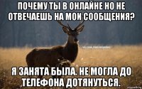 почему ты в онлайне но не отвечаешь на мои сообщения? я занята была. не могла до телефона дотянуться.