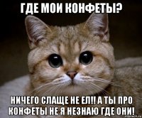 где мои конфеты? ничего слаще не ел!! а ты про конфеты не я незнаю где они!