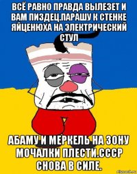 всё равно правда вылезет и вам пиздец.парашу к стенке яйценюха на электрический стул абаму и меркель на зону мочалки плести.ссср снова в силе.